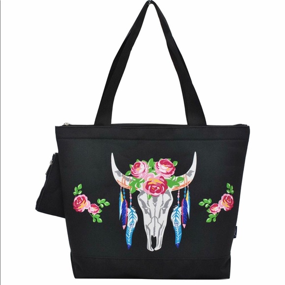 Black skull Canvas zip bag with coin purse - Picture 2 of 2